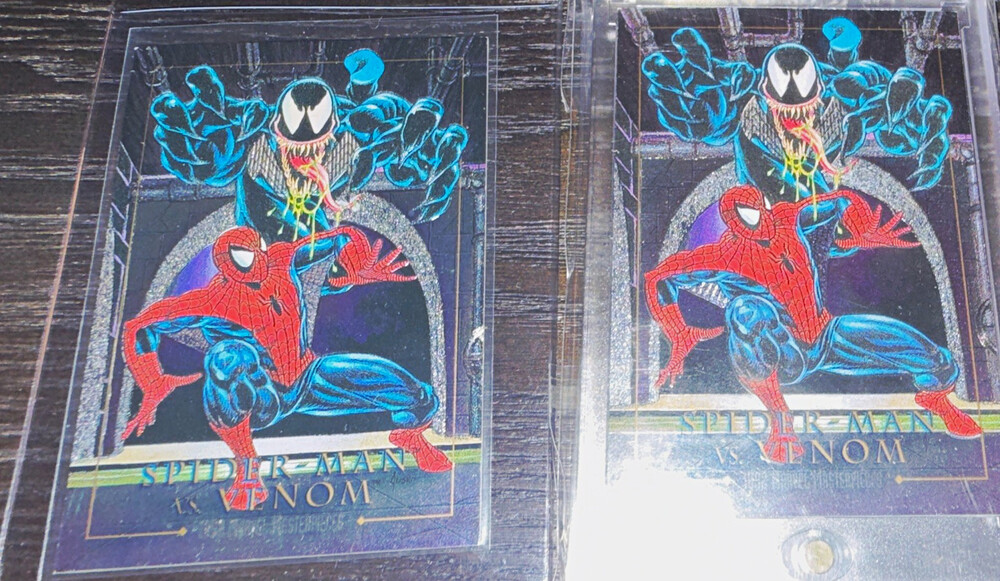 Two Marvel 1994 Spider-Man vs. Venom (2) Marvel masterpiece skybox 4-D MINT/VF